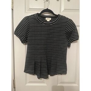 Maeve Anthropologie Black White Striped Pleated Hem Top Small Short Sleeve